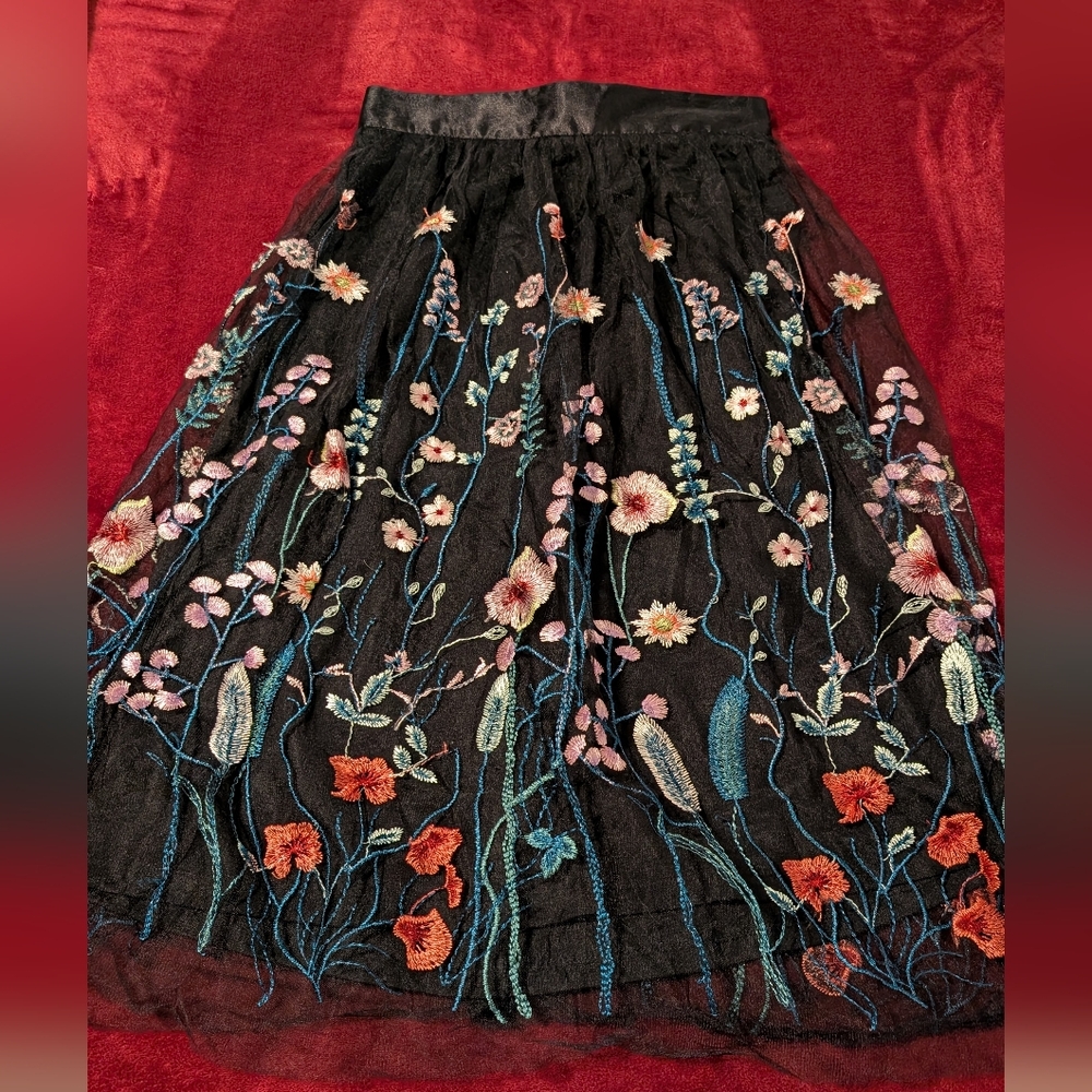 H&M Black Skirt with Vibrant Floral Embroidery